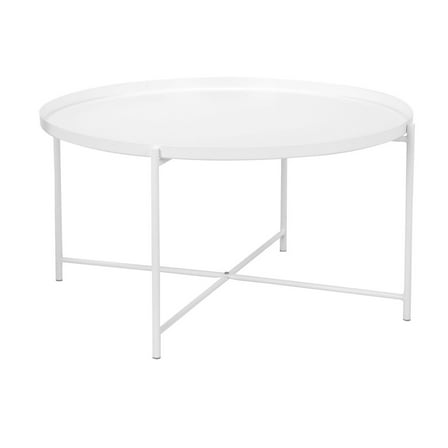 Benjara Ely 33" Coffee Table- Round Top with Cross Base- White Metal Finish