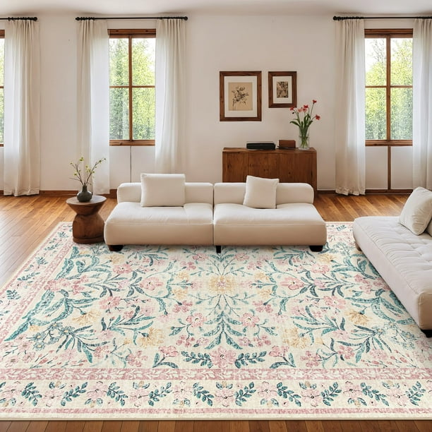 Alfombra Morebes, grande, para sala de estar, 9 x 12 pies, estilo bohemio, lavable, rosa