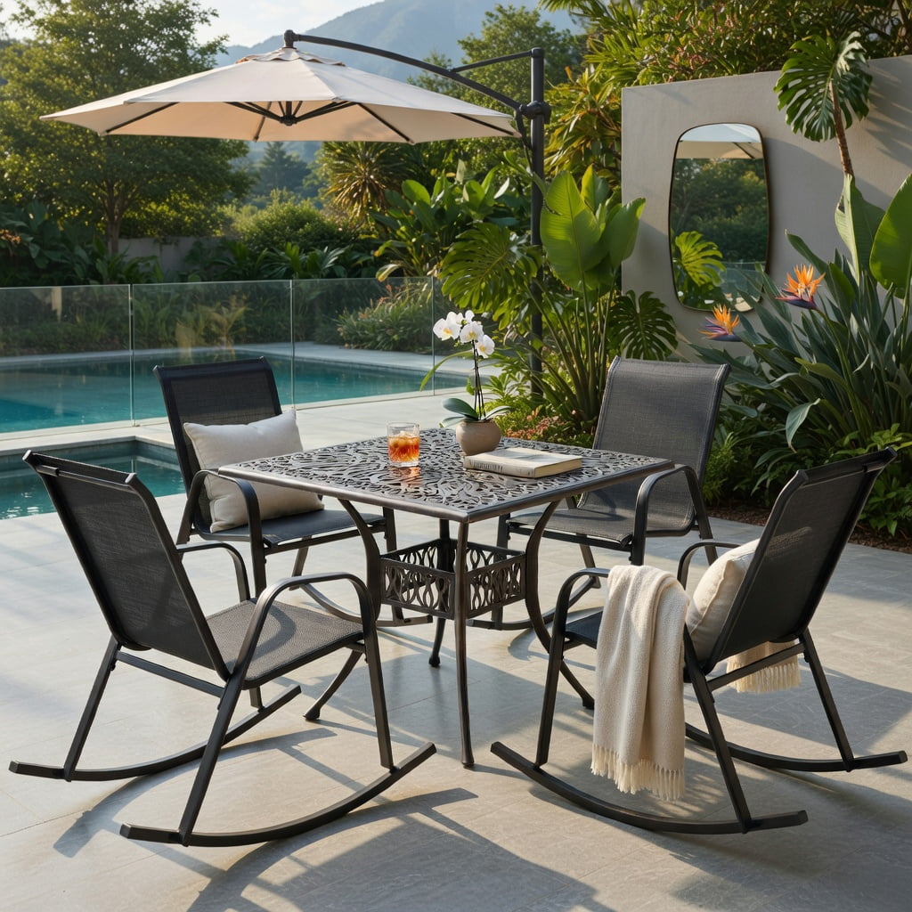 Hommoo 2-Pack Modern Metal Rocking Chairs for Patio, Breathable Fabric Seat, Rust-Resistant Frame, Indoor/Outdoor Use, Black