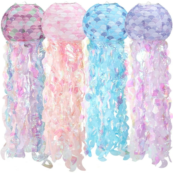 4 Pcs Mermaid Birthday Decorations 4 Colors Jellyfish Paper Lanterns Enduring Easy to Assemble Jellyfish Lanterns Recyclable Reusable Mermaid Birthday Decorations for Mermaid Birthday Party