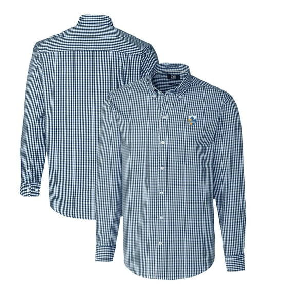 Men's Cutter & Buck Navy Los Angeles Chargers Throwback Logo Easy Care Stretch Gingham Long Sleeve Button-Down Shirt