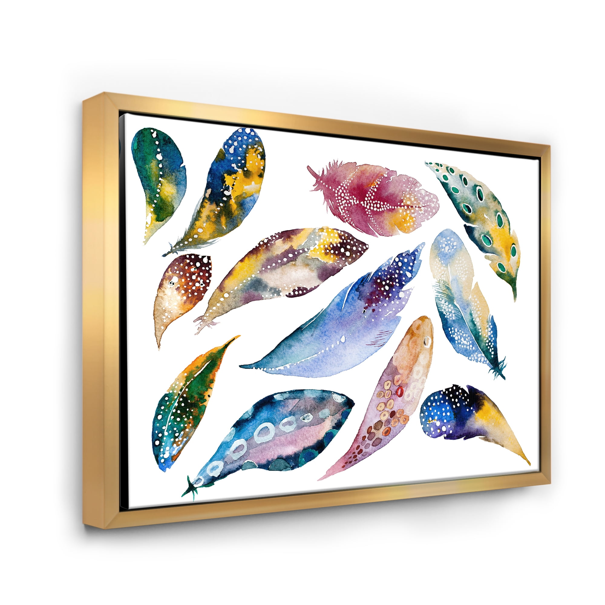 Designart 'Colourful Boho Feather Set On White VI' Bohemian & Eclectic Framed Canvas Wall Art Print