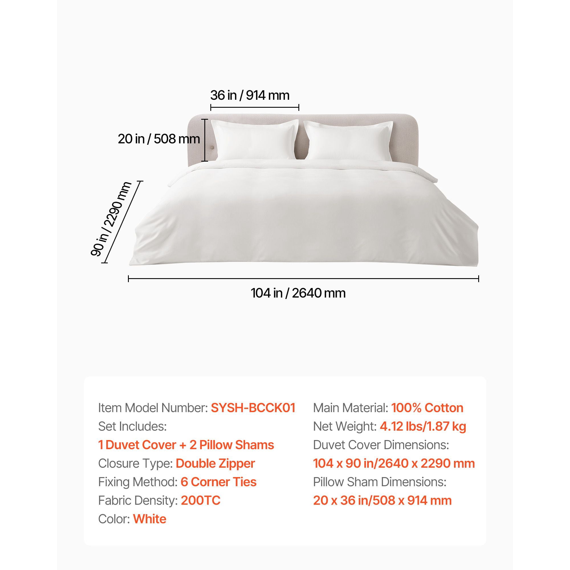 3-Piece King Duvet Cover Set 100% Pure Cotton Double Zipper 6 Corner Ties for Bedroom Guest Room