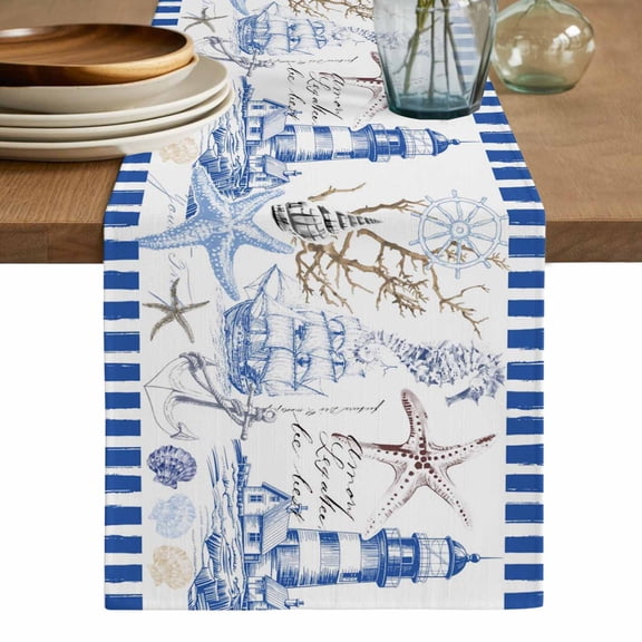 Coastal Blue Table Runner, Ocean Nautical Lighthouse Starfish Anchor Washable Cotton Linen Table Runners 72 Inches Long, Dresser Scarf Runner for Dining/Coffee/Kitchen/TV Stands/Cabinets 13''x72''