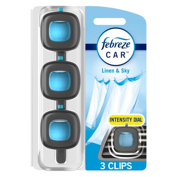 Febreze Ambientador para coche, clip de ventilación para automóvil que combate los olores, aroma a lino y cielo, 3 unidades