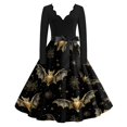 thumbnail image 2 of Women's Halloween Dress Bat 1950s V-Neck Fashion Swing Dress Bone Cocktail Long Sleeve Novelty Dresses with Belt L, 2 of 7