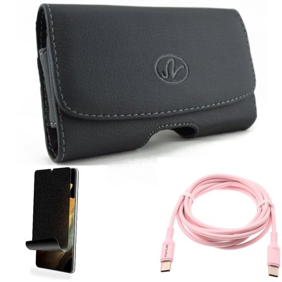 Case Belt Clip & Pink 6ft Long Cable & Privacy Screen Protector for Samsung Galaxy S22 Plus (S22 ) - Combo Leather Swivel Holster & USB-C to Type-C PD Fast Charger Cord & TPU Film (Fingerprint)