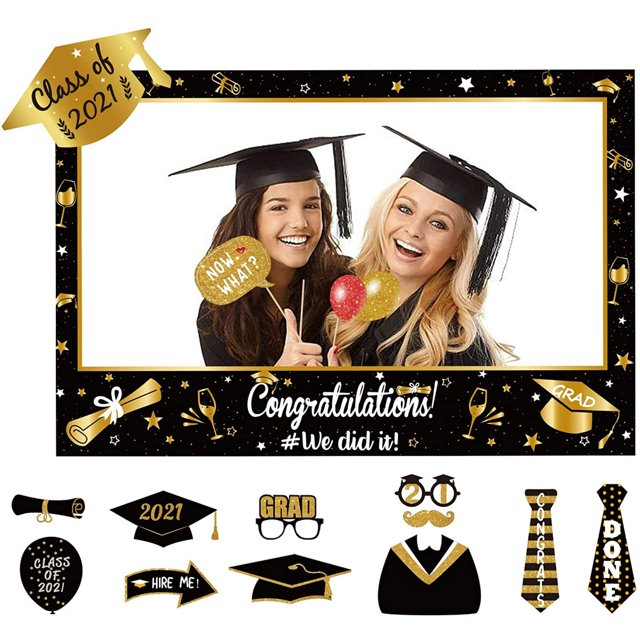 Large Size Graduation Photo Frame + 14 Congrats Photo Booth Props Party Supplies HTOOQ Grad Class of 2021 Decorations Favors (Assembly Needed) gold,black,white -