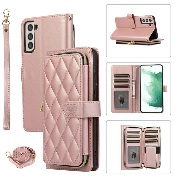 Crossbody Strap & Lanyard for Samsung Galaxy S23 Case Wallet, with 10-Card Holder & 1 Bills Slot Soft PU Leather Magnetic Flip Folio Heavy Duty Protection Case for Galaxy S23, Rosegold