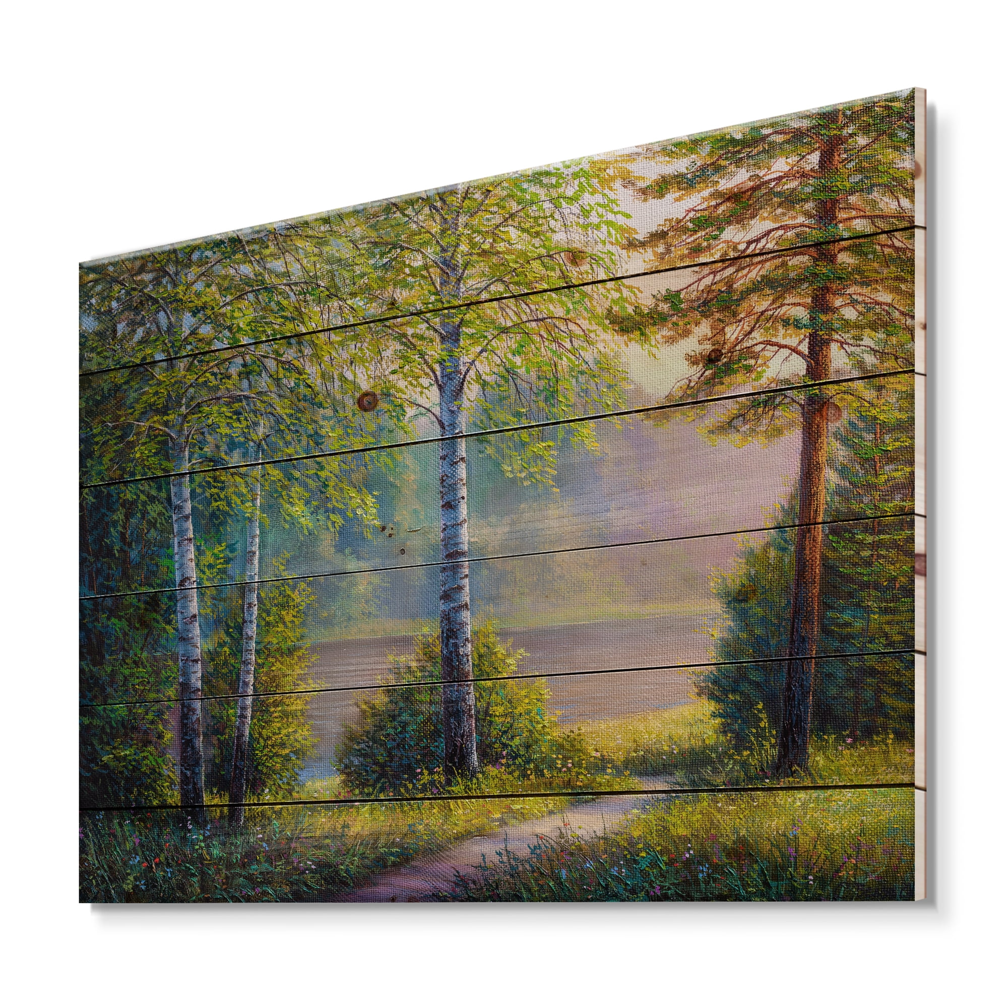 Designart 'Subtle Sunset Light Through The Trees I' Traditional Print on Natural Pine Wood
