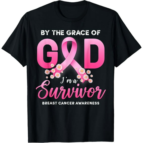t-shirt By The Grace of God I'm A Survivor Breast Cancer Survivor T-Shirt mens，black，women，funny，men，journey，Crew Neck, Short Sleeve,printing