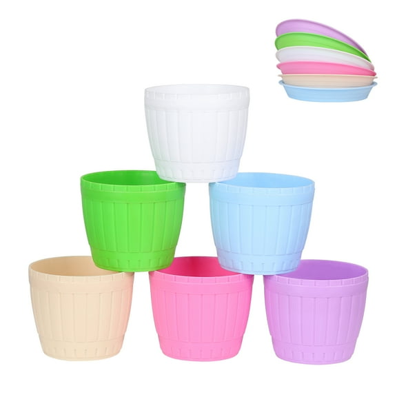 MODANU 6 Pcs Plastic Planters with Saucers 4.33 inch, Indoor Flower Plant Pots Gardening Pot with Drainage Hole for All House Plants, Multicolor