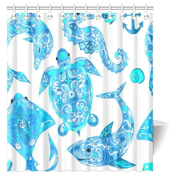 MYPOP Marine Animals Shower Curtain, Pattern with Turtle Dolphin Seahorse Mollusk Shark Fauna Exotic Tropical Aquatic Bathroom Shower Curtain with Hooks, 66 X 72 Inches