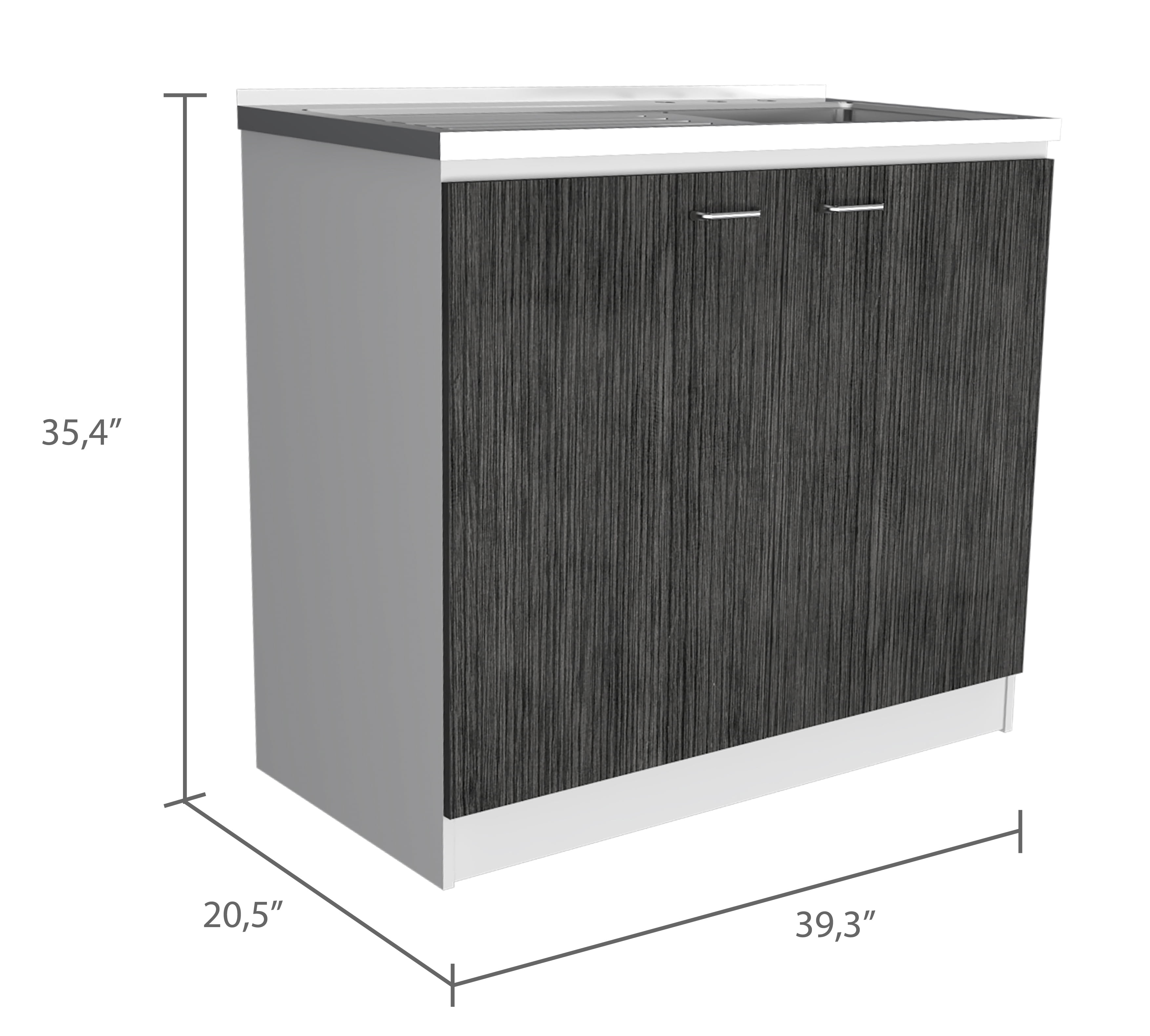 Izzovium Brookeline Rectangle 2-Door Utility Sink and Cabinet with Stainless Steel Sink, 35.4" H x 39.3" W x 20.5" D, White and Smokey Oak for Kitchen, Laundry, or Garage