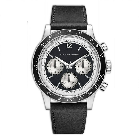 Alfred Sung Chronograph II pour Homme, Montre en Cuir à Cadran Argenté et Noir