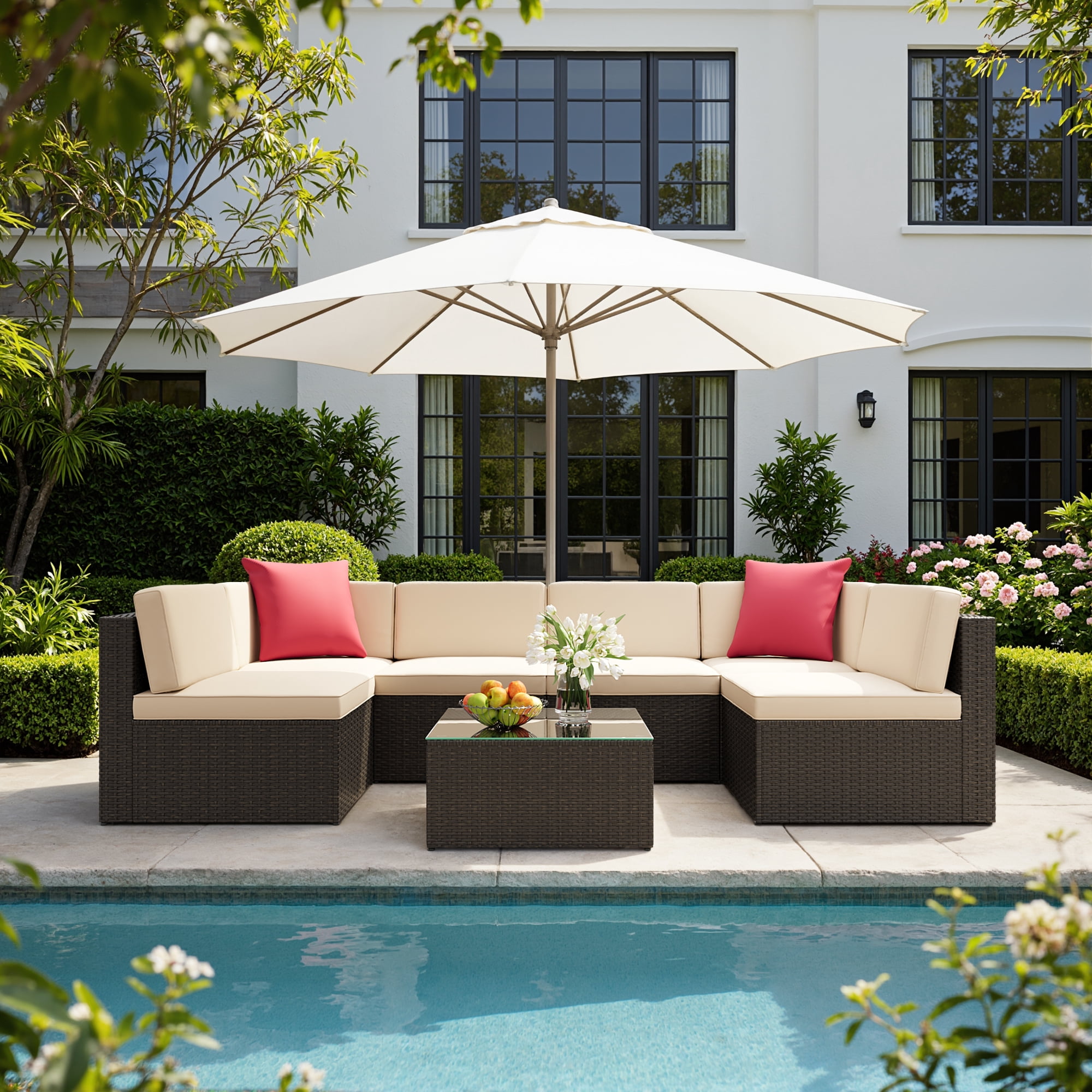 Lacoo 7 PCS Patio Outdoor Furniture Wicker Sectional Sofa with Cushion, Beige