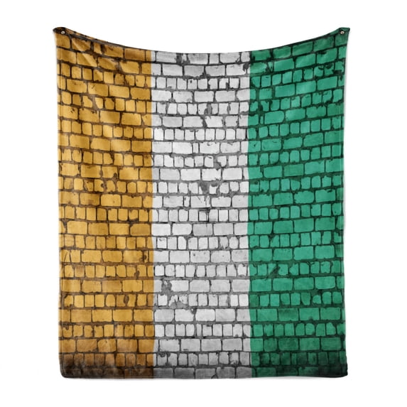 Ivory Coast Soft Flannel Fleece Throw Blanket, Abstract Old Brick Wall with Country Flag Paint Grunge, Cozy Plush for Indoor and Outdoor Use, 70" x 90", Dark Yellow Grey, by Ambesonne