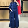 thumbnail image 3 of Casual Pant Suits for Women Trendy New Womens Spring and Summer Casual Round Neck Short Sleeved Tops Wide Leg Pants Solid Color Pocket Pants Set Blue M, 3 of 6