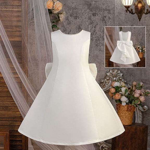 Girl's Dresses Elegant Pearl White Backless Bow Party Gown Formal Kids Clothes