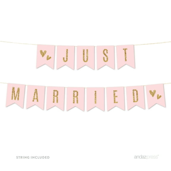 Just Married Blush Pink Gold Glitter Print Wedding Hanging Pennant Banner with String