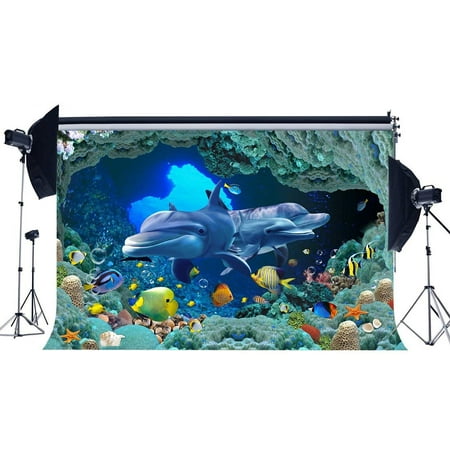 Image of ABPHOTO Polyester 7x5ft Underwater World Backdrop Aquarium Backdrops Fancy Coral Dolphin Fish Bubble Sea World Photography Background for Kids Adults Summer Holiday Ocean Sailing Photo Studio Props