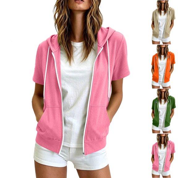 Purcolt Women's Short Sleeve Zip Up Hoodie Jacket, Thin Velour Hooded Sweatshirt Coat with Pockets for Casual Summer Layering for Daily Wear