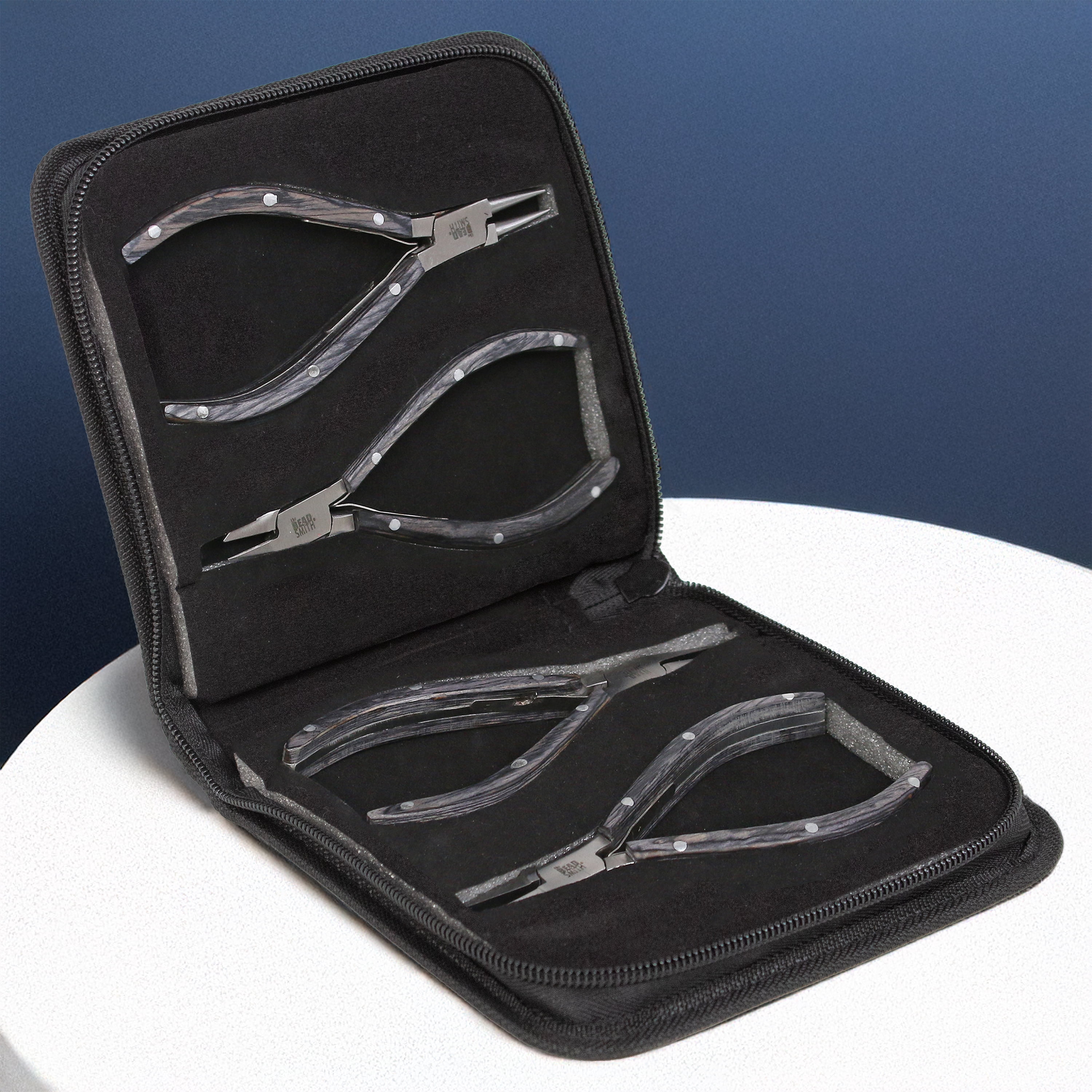 The Beadsmith Natural Elements Pliers Set - 4-Piece Kit: Chain Nose, Round Nose, Flat Nose, Side Cutter and Canvas Carrying Case – Black Wooden Handles - Tools for Jewelry Making