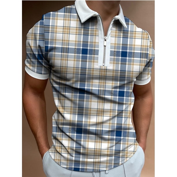 Plaid Polo camisa de los hombres Casual de talla grande manga corta Top foto Color S Eccomum PLS-Blue Plaid M