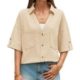thumbnail image 4 of Short Sleeved Summer Women Solid V Neck Button Down Casual Blosue with Pocket, 4 of 6