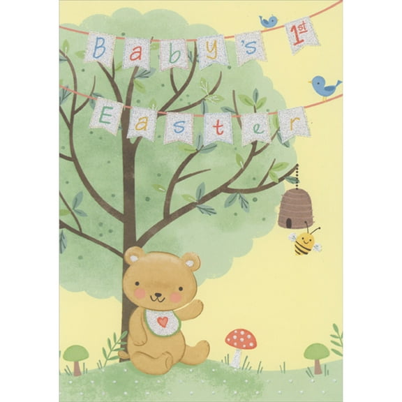 Designer Greetings Sparkling Penant Letters Banner and Blue Birds Above Cute Brown Bear 1st / First Easter Card for Baby