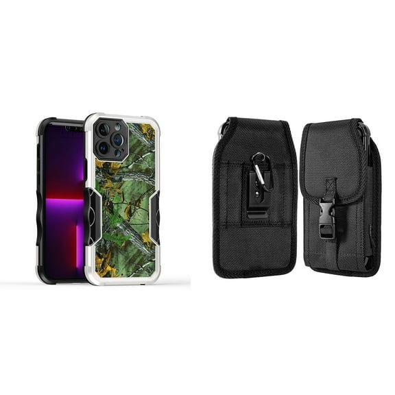 Case and Pouch Bundle for iPhone 14 Pro Max: Heavy Duty Armor Rugged Case (Hunting Camo) and Vertical Nylon Buckle Belt Holster