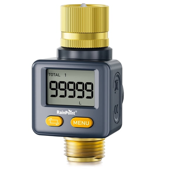 RainPoint Water Flow Meter Suitable For Rv And Garden Inlet And Outlet Brass Fittings, Supporting 180° Flip Screen Data Reading