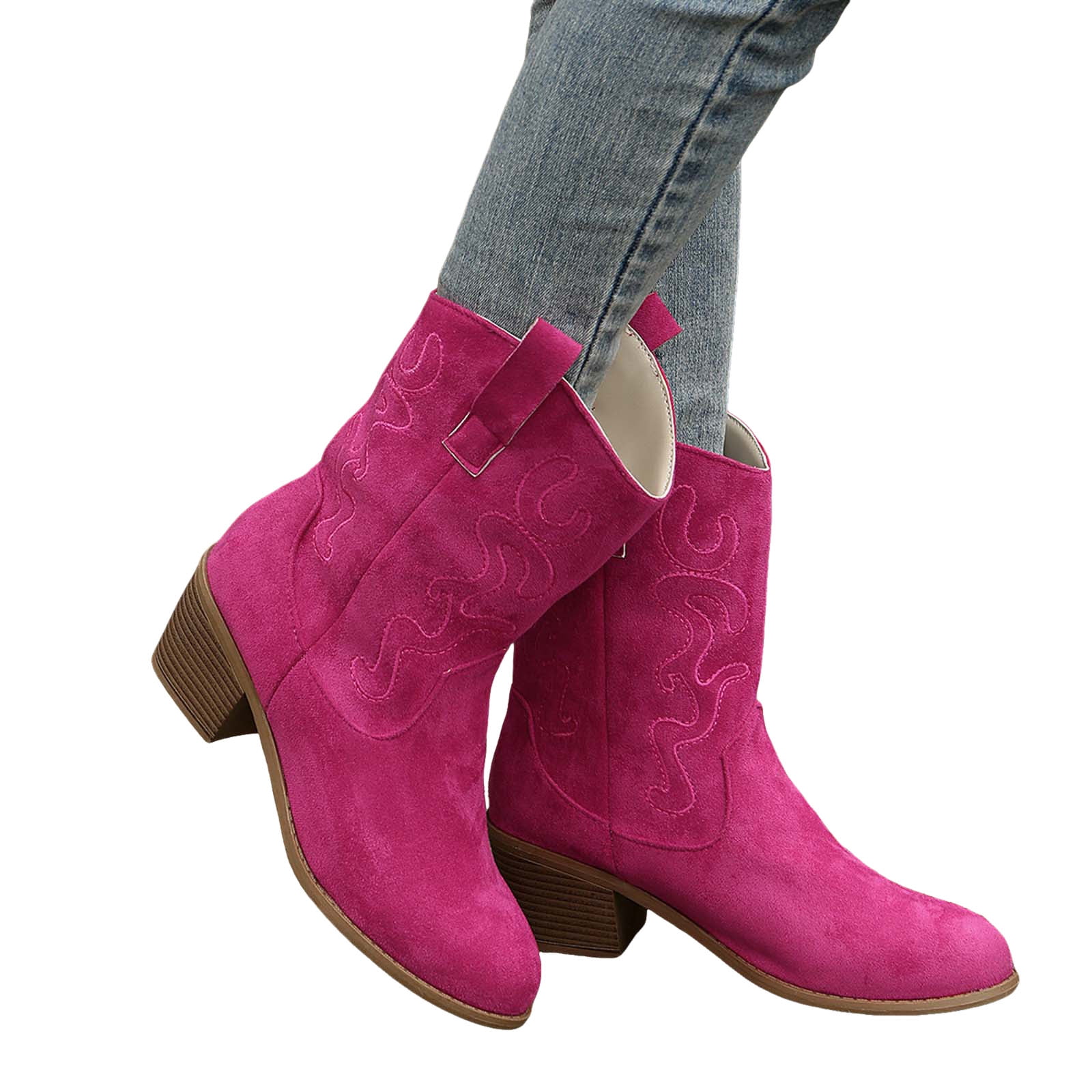 Bottes Mi-Mollet pour Femmes Cowgirl Boho Vintage en Daim à Talons