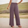 thumbnail image 3 of Pantalones casuales de pierna recta para mujer: bolsillos laterales, mezcla de lino, para todas las estaciones, vacaciones/uso diario, cintura elástica, fácil cuidado., 3 of 6
