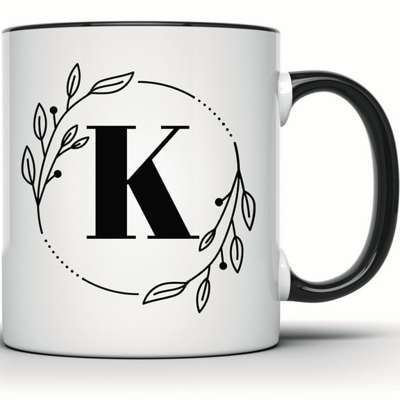 Floral Initial K Mug - Monogram Coffee Cup - Unique Birthday Gift - Tea Mug - Personalized Letter K Mug - 11 Ounce Black Rim Handle Novelty Coffee Cup - WMUG0361-Black Rim