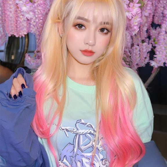 Golden Pink Long Curly Wig for Women Full Head Synthetic Hairpiece