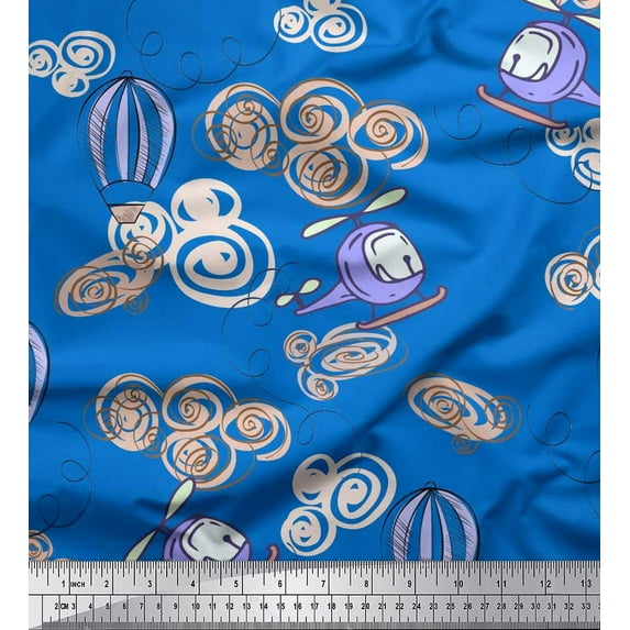 Soimoi Rayon Crepe Fabric Clouds,Hot Air Balloon & Helicopter Transport Decor Fabric Printed Yard 46 Inch Wide