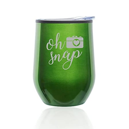 

Stemless Wine Tumbler Coffee Travel Mug Glass with Lid Oh Snap Funny Camera Picture Photographer (Green)
