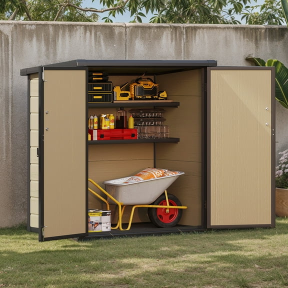 Uforic Tall Storage Shed with Shelves, Lockable Doors, Sloped Roof, Double-Layer Plastic for Outdoor, Brown