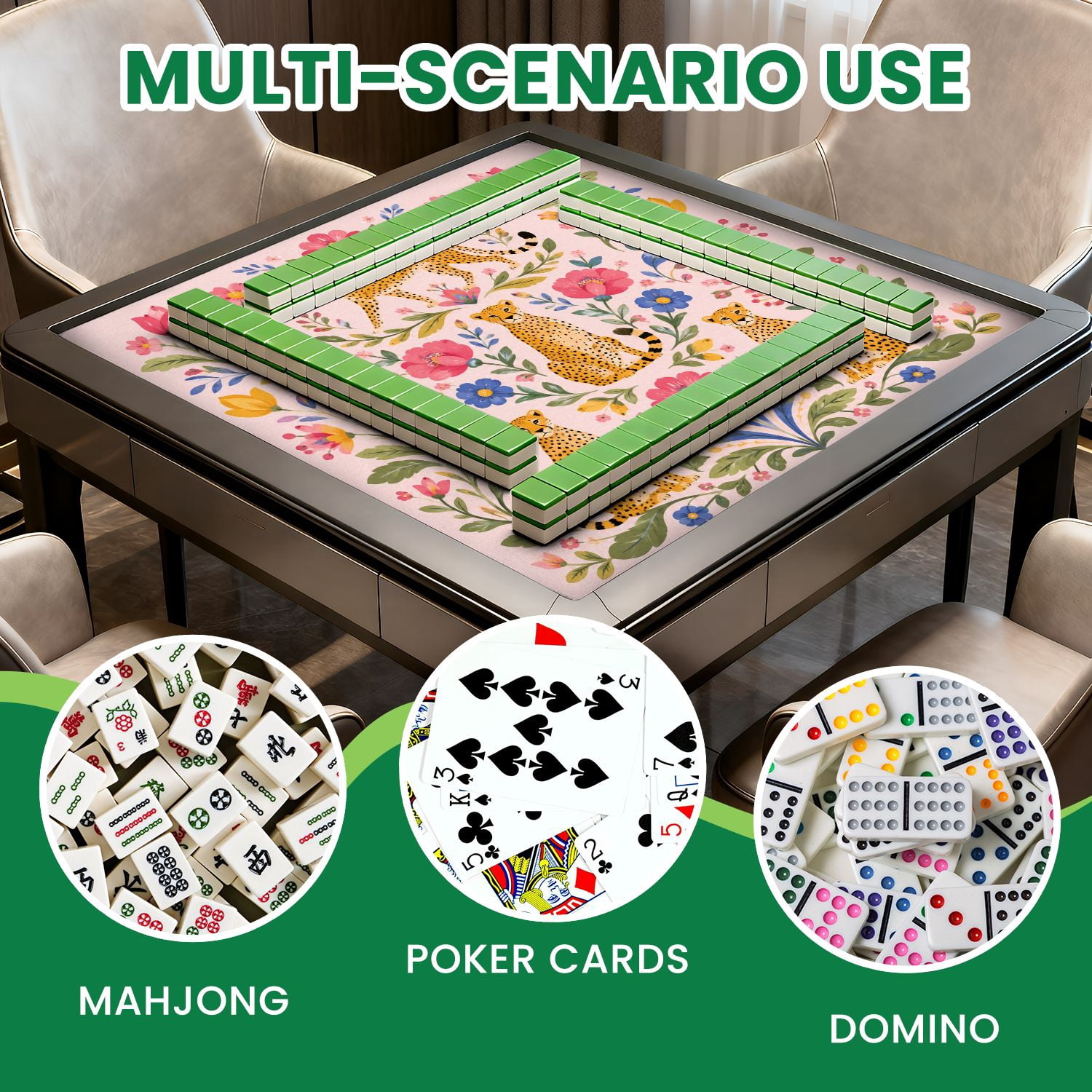Mahjong Mat 31.5" x 31.5" Leopard Floral Vibrant Colors Pink Non-Slip Noise Reduction Mahjong Tiles Table Cover for Dominoes Poker Card Board and Tile Games