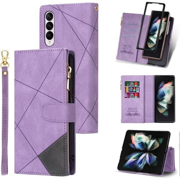 Wallet Case for Samsung Galaxy Z Fold 4 5G, Vintage Premium PU Leather Cover Flip Case with Card Slots Magnetic Closure Zipper Pocket Kickstand Handbag with Hand Strap - Purple