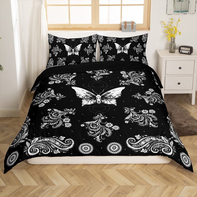Erosebridal Housse de Couette Bohème Papillon Paisley Simple, Literie Noir et Blanc Taille Simple, Réversible 2 Pcs (Sans Couette)