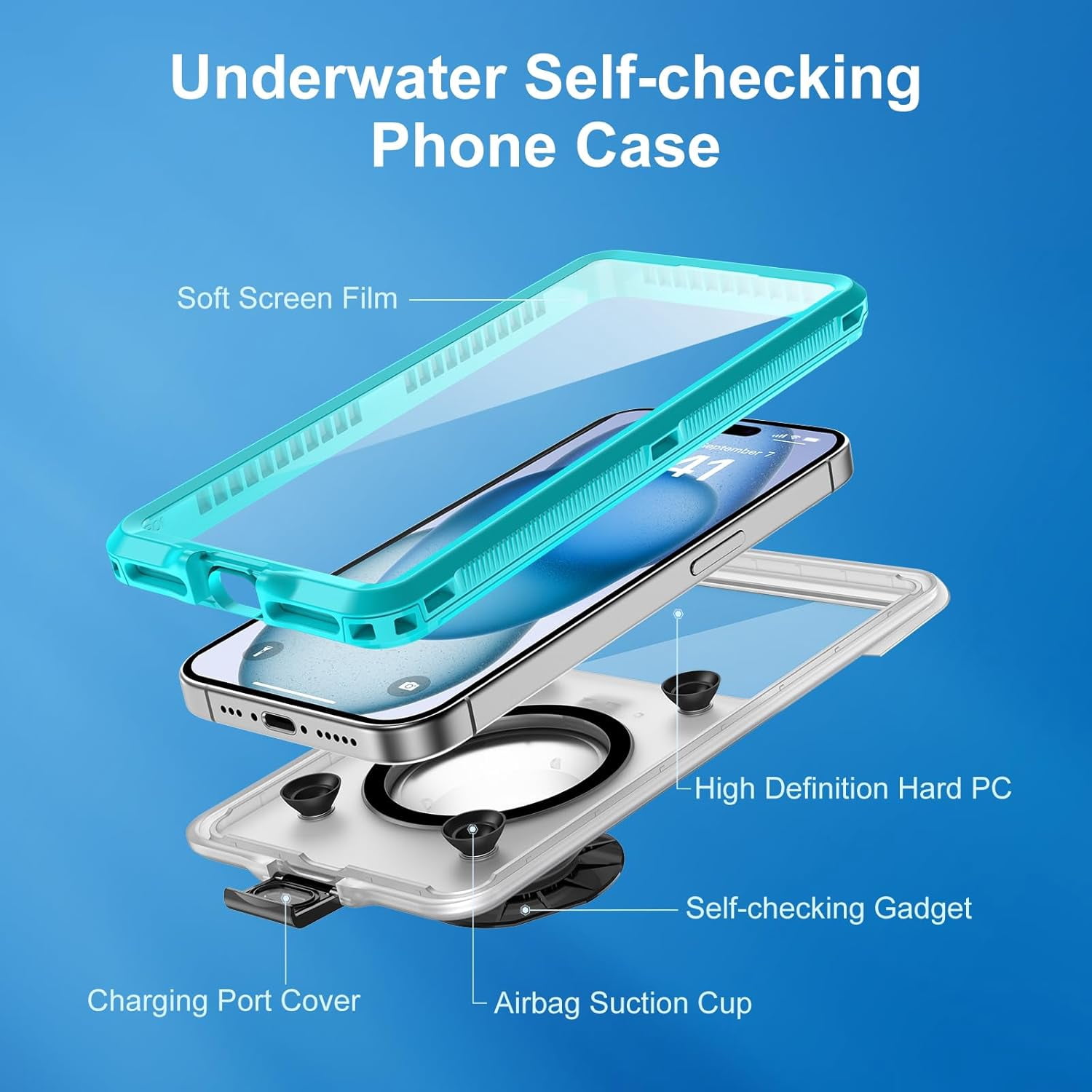 KOMI Waterproof Phone Case, Underwater Snorkeling Diving Phone Case, Universal Self-Check Water Proof Pouch Dry Bag Up to 6.9 Inch for iPhone 15/14/13/12/11/Samsung S24/S23/Google Series - Blue