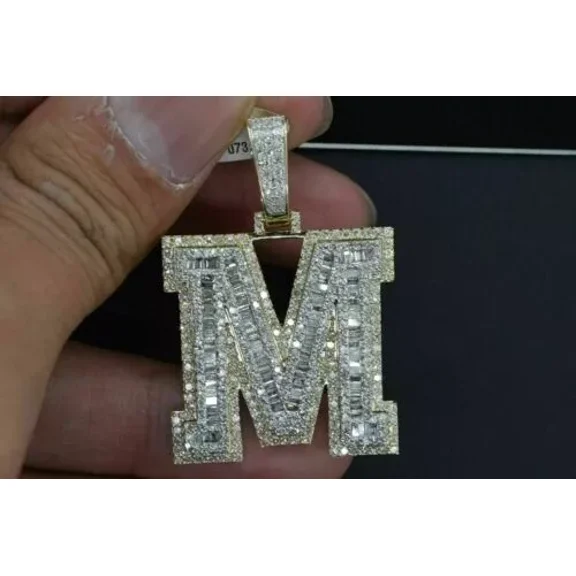 2Ct Round Cut Moissanite M Initial Letter Pendant 14K Yellow Gold Plated