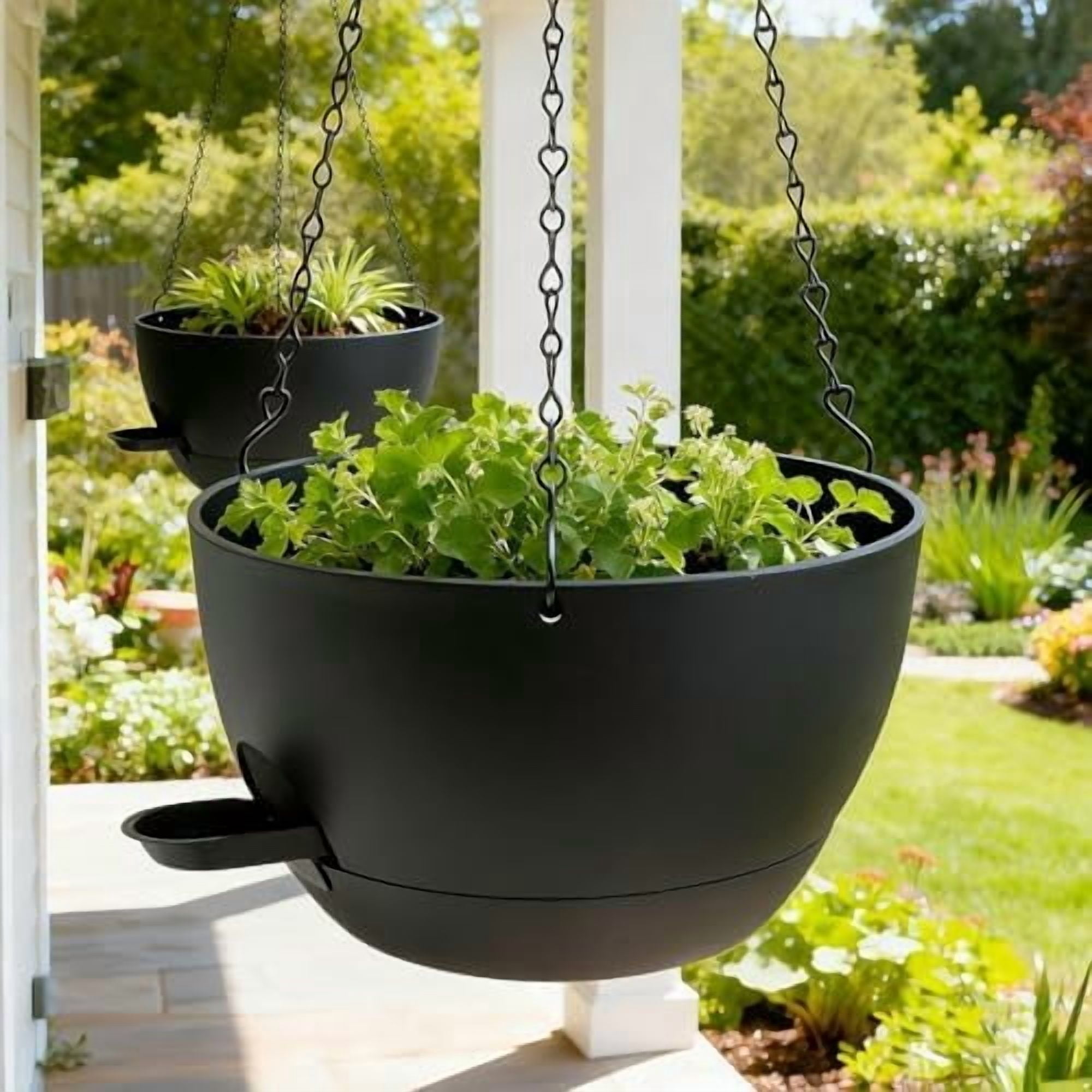 Self Watering Hanging Planters, 2 Pack 10'' Plastic Pots with Drainage Holes & Reservoir Tray (Black) | Indoor & Outdoor Use for Ferns, Ivy, Herbs, Succulents