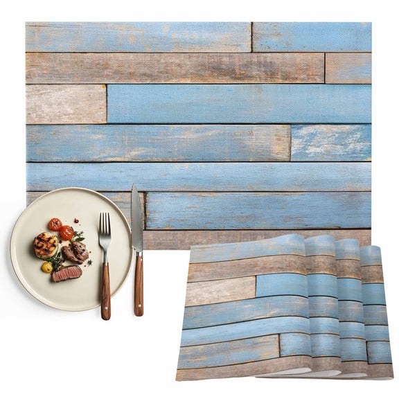 Placemats Set of 4, Blue Wood Grain Place Mats Brown Wooden Plank Tablemats Washable Placemat Table Decoration for Kitchen Table Dinner Party Home Decor Indoor Outdoor 13x19 Inch