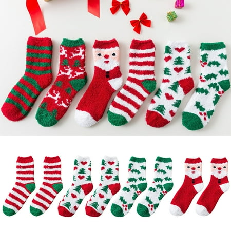 

Farfi Cute Christmas Santa Claus Striped Coral Fleece Warm Fluffy Winter Floor Socks