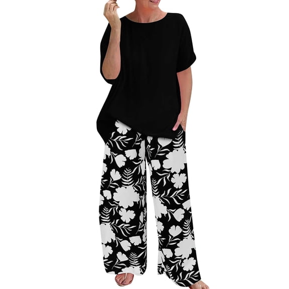 BLOCLOALO 2 Piece Lounge Set Short Sleeve Shirts Women's Summer Fashion Loose Printed Pants Casual Suit Two Piece Set Floral Printted Pants Dressy Casual Suit Soft Lounge Set Black A