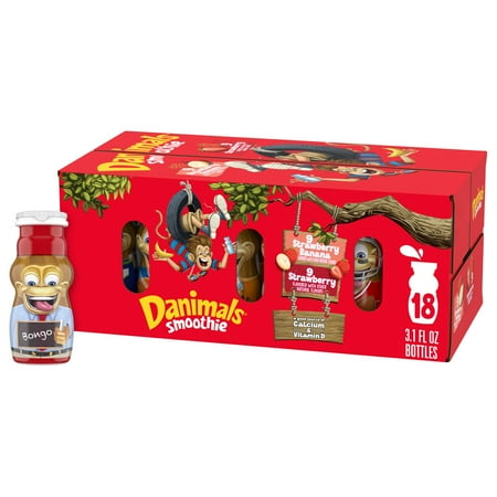Danimals Smoothie Strawberry and Strawberry Banana Dairy Drink Smoothie Bottles Multi-Pack, 3.1 oz, 18 Count