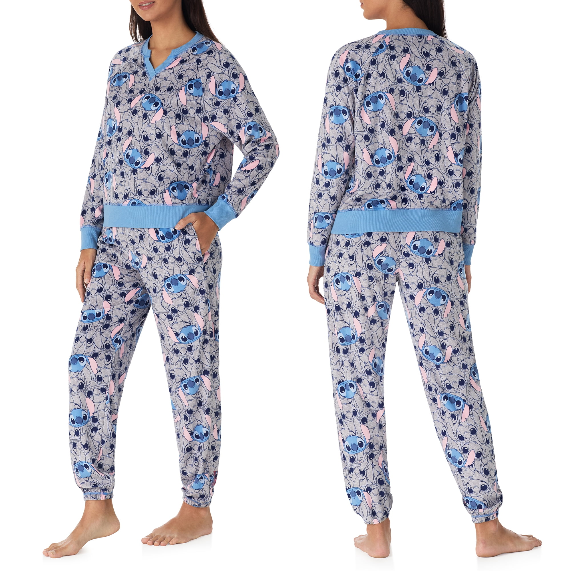 Richard Leeds International Womens Lilo and Stitch Matching 2 Piece Long Sleeve Pajama Top & PJs Jogger Pants Set with Pockets - Soft & Cozy Sleep & Loungewear Pajamas Sets for Women, Gray, XL